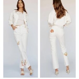 Reformation Cynthia White Floral‎ Embroidered High Rise Straight Leg Jeans 30